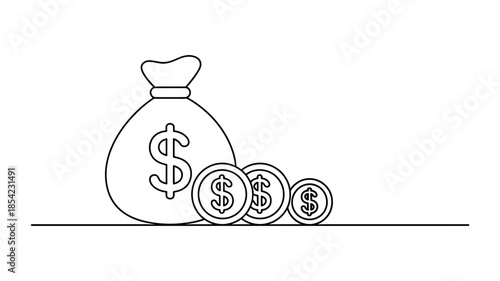 Minimalist black and white outline drawing showing a money bag and dollar coins