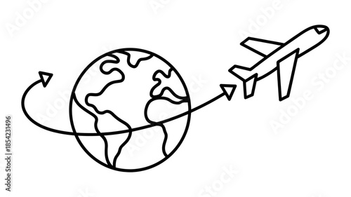 A line art illustration depicting an airplane flying around the world, symbolizing global travel