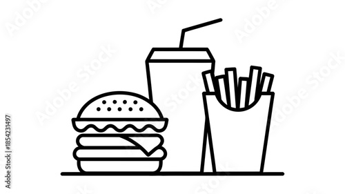 Simple line art icon illustrating a fast food combo meal with burger, fries, and drink