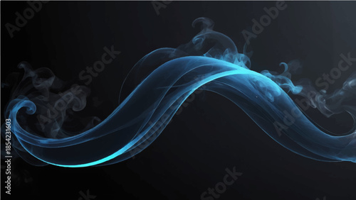 Abstract smooth blue smoke swirls flow in a curved wave pattern over a black background creating a motion art design with flowing fume and incense texture