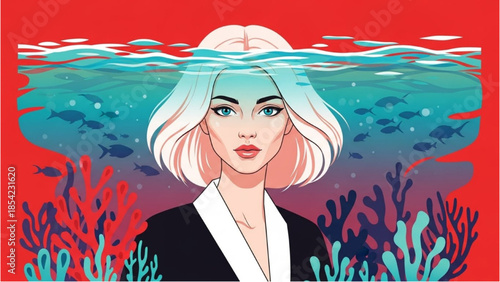 Illustration of a woman with short white hair partially submerged in water surrounded by coral and fish