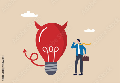 Bad idea cause problem and failure, stupid mistake or poor idea, disappointment from rejected, evil and negative opinion concept, confused businessman looking at devil lightbulb doubting it bad idea