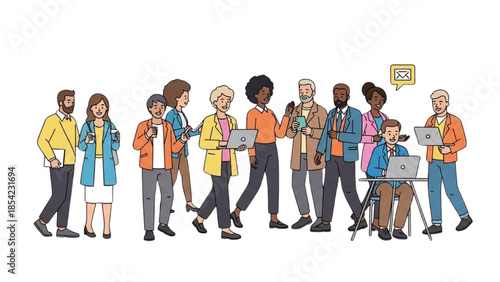 Diverse group of people walking together while using various digital devices in a modern urban setting