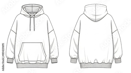 Detailed technical drawing of a hooded sweatshirt from front and back views on white background