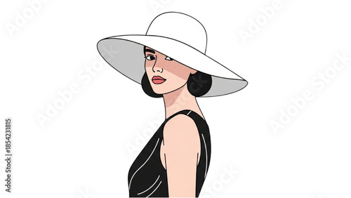 Elegant woman wearing a large white hat and black dress standing alone