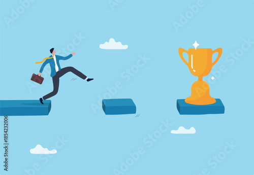 Risk or challenge to reach success achievement, determination or ambition to change, aspiration to step from safe zone, decision concept, businessman step on risk bridge to reach success trophy