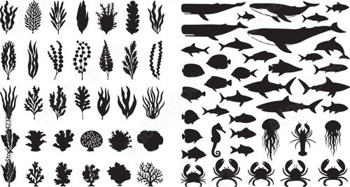  fish set black of algae silhouette. eps