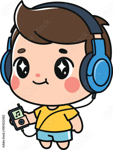 Happy cartoon boy enjoying music with headphones and MP3 player
