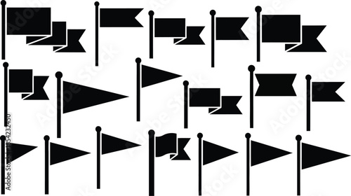 Collection of black flags on poles with various orientations