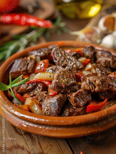 Nigerian beef stew with tomatoes and herbs served in a brown bowl on a wooden table