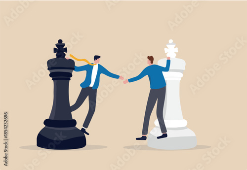 Negotiation strategy, win-win situation, partnership instead of confrontation in competition, merger or agreement concept, businessman competitors standing on chess handshaking after finish agreement.