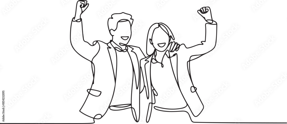 Obraz premium Single continuous line drawing of young happy male and female managers celebrating their job promotion together. Business teamwork celebration concept. one line Icon drawing