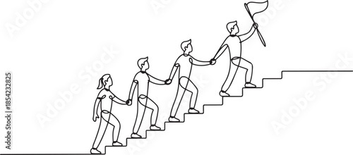 Single continuous line drawing of team members holding hands together following their leader who hold flag climbing up stairs step by step. one line Icon drawing