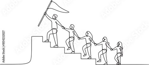 Single continuous line drawing of team members holding hands together following their leader who hold flag climbing up stairs step by step. one line Icon drawing