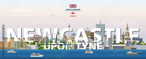 Newcastle upon Tyne graphic stylized cityscape colorful vector illustration with big city name on the background
