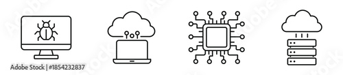 Cloud Computing and Cyber Technology Icon Set, Computer Security, Malware Protection, Microchip Processor, Cloud Servers and IT Infrastructure Concept Icons, Vector Illustration
