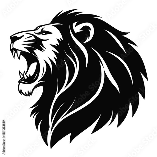 Roaring black and white lion head silhouette with flowing mane