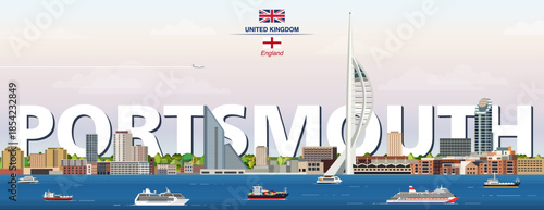 Portsmouth graphic stylized cityscape colorful vector illustration with big city name on the background