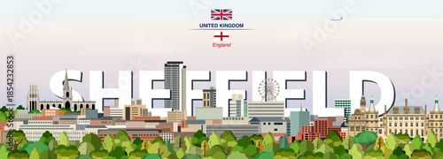 Sheffield graphic stylized cityscape colorful vector illustration with big city name on the background