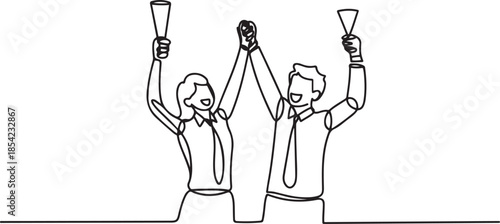 Single continuous line drawing of young happy male and female managers celebrating their job promotion together. Business teamwork celebration concept. one line Icon drawing