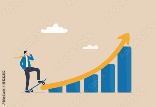 Growth for success, growing business to achieve goal, progress or improvement, career development or financial profit earning, businessman with skateboard prepare to run on growth rising graph