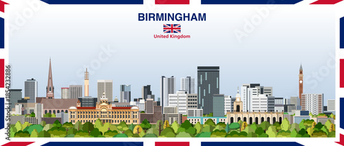 Birmingham abstract stylized city skyline with a frame border in the colours of the United Kingdom flag. Vector illustration