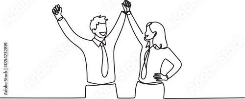 Single continuous line drawing of young happy male and female managers celebrating their job promotion together. Business teamwork celebration concept. one line Icon drawing