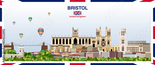 Bristol stylized abstract city skyline with a frame border in the colours of the United Kingdom. Vector illustration