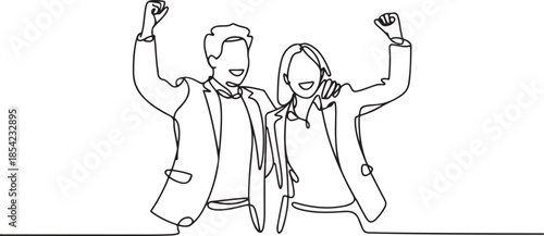 Single continuous line drawing of young happy male and female managers celebrating their job promotion together. Business teamwork celebration concept. one line Icon drawing
