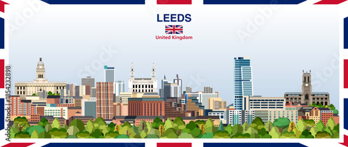 Leeds stylized abstract city skyline with a frame border in the colours of the United Kingdom. Vector illustration