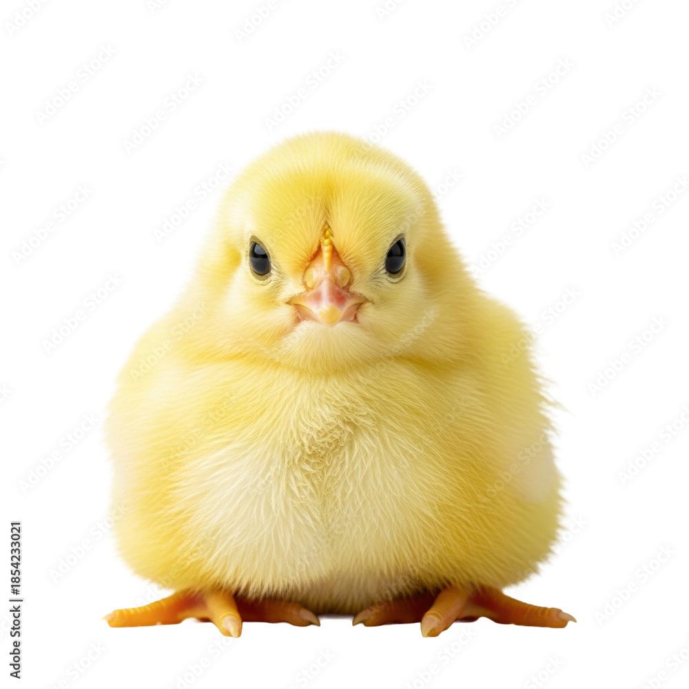 Obraz premium a single neonatal chick with ultra-fluffy lemon-yellow down sits isolated in a high-key studio macro close-up, gazing inquisitively, embodying the purity of new life