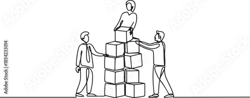 Single continuous line drawing of business team member arrange wooden cube block become sturdy tower together to improve team building. one line Icon drawing