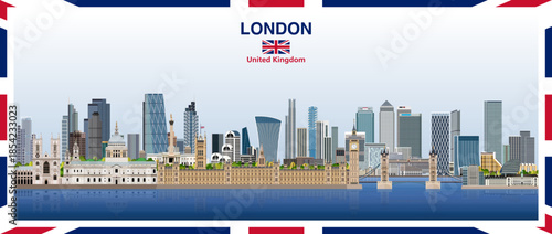 London abstract stylized city skyline with a frame border in the colours of the United Kingdom flag. Vector illustration
