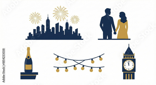 New Year's Eve celebration icons champagne, city skyline, couple, and clock