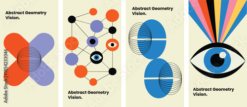 Trendy abstract geometry vision posters set with minimalist shapes, interconnected networks, and vibrant psychedelic eye illustrations for modern design.
