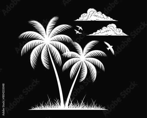 Stylized tropical paradise graphic depicting serene palm trees, birds, and clouds