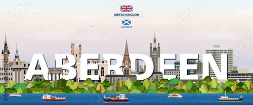 Aberdeen graphic stylized cityscape colorful vector illustration with big city name on the background