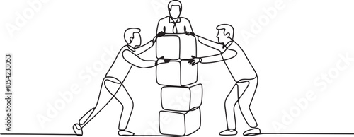 Single continuous line drawing of business team member arrange wooden cube block become sturdy tower together to improve team building. one line Icon drawing