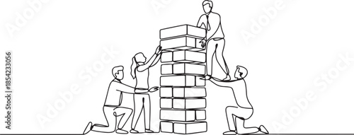 Single continuous line drawing of business team member arrange wooden cube block become sturdy tower together to improve team building. one line Icon drawing