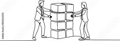 Single continuous line drawing of business team member arrange wooden cube block become sturdy tower together to improve team building. one line Icon drawing