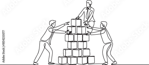 Single continuous line drawing of business team member arrange wooden cube block become sturdy tower together to improve team building. one line Icon drawing