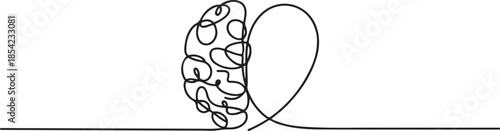 One continuous line drawing of half human brain and love heart shape logo icon. Psychological split affection logotype symbol template concept. one line Icon drawing