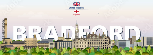 Bradford graphic stylized cityscape colorful vector illustration with big city name on the background