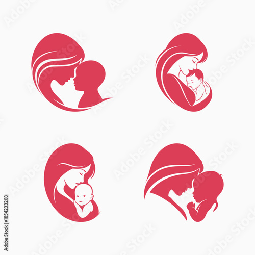 Collection of mother and baby child love Care icons in Black and white illustrations.