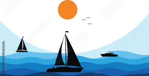 Sailing Boats on Wavy Sea Under Bright Sun with Birds