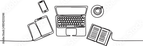 One continuous line drawing of and computer laptop, smartphone, tablet and book a cup of coffee at business office desk from top view. Work space table concept. one line Icon drawing