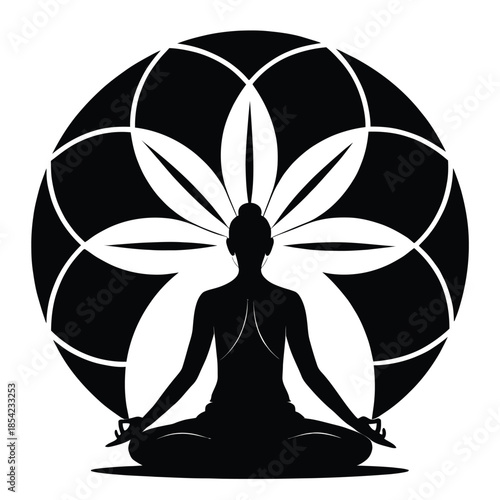 Black and white vector illustration of a woman meditating