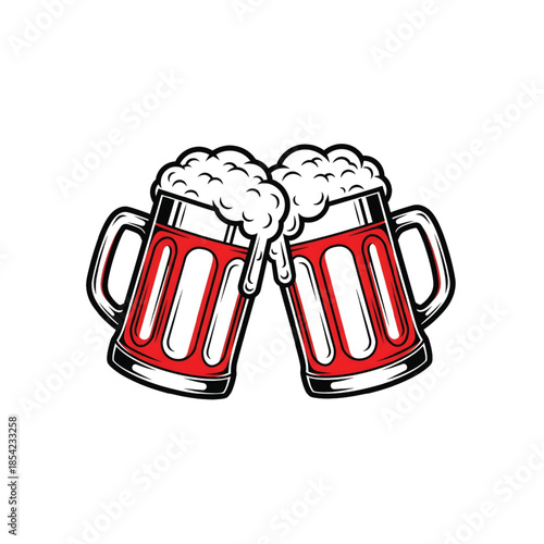Two red beer mugs with foam a simple graphic illustration on vector art.