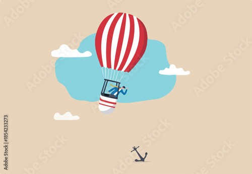 Problem or trouble to prevent business to grow up, mistake or failure, obstacle or error to make business fail, frustrated businessman look at heavy tied anchor to prevent his balloon to flying up.