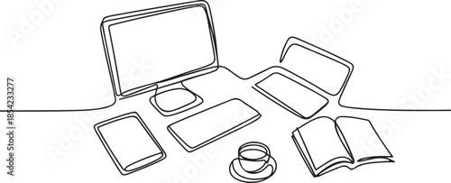 One continuous line drawing of and computer laptop, smartphone, tablet and book a cup of coffee at business office desk from top view. Work space table concept. one line Icon drawing